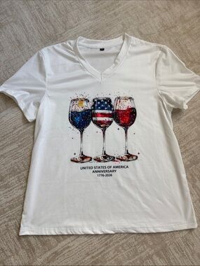 Patriotic Wine Glass Graphic V-Neck Tee - Size S